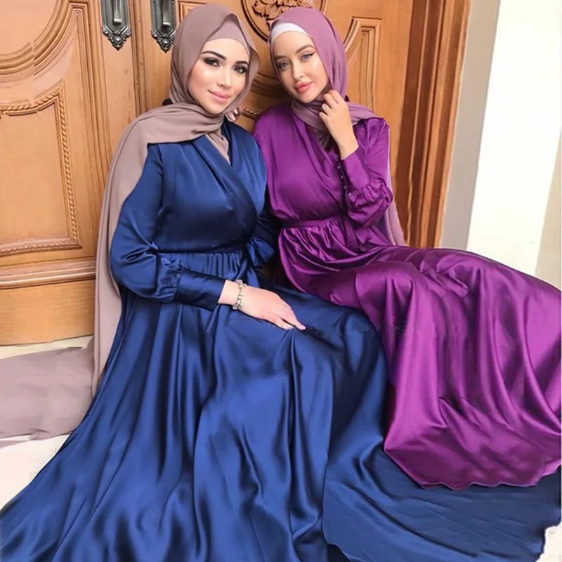 

Ramadan Eid Mubarak Satin Abaya Dubai Muslim Dress Kaftan Dresses Islamic Abayas Women's Vestidos Robe Priere Longue Femme WY33