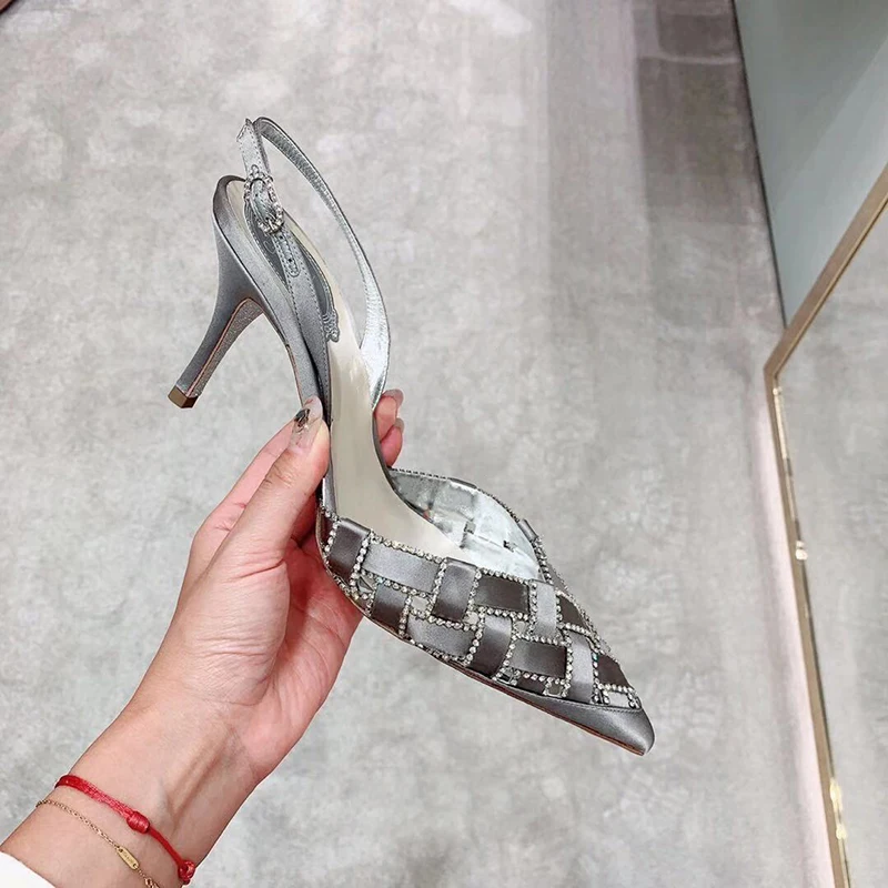 Sexy Rhinestone Braid Silk Strap Wedding Pumps One Strap Low Cut Pointy Toe Thin Heel crystal square cross Shoes party high heel