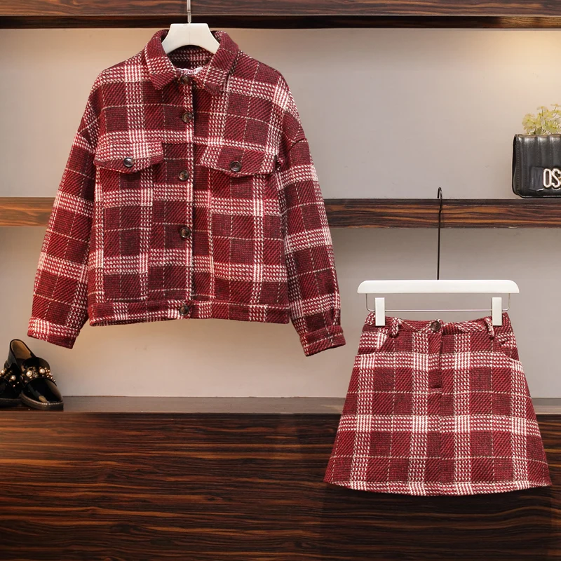 

Banulin 2019 New Autumn Winter Runway Plaid Tweed 2 Piece Set Women Red Single-breasted Jacket Coat +Mini Wool Blend Skirt Suit