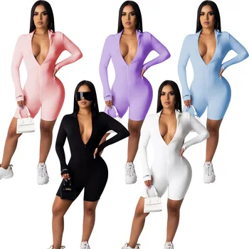 

Women long sleeve solid color zipper up skinny playsuit club party sport knee length bodysuit one piece overall romper