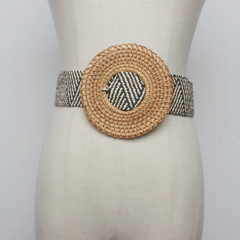 Women Bohemian Elastic Braided Belt Fashion Female Summer Dress Jeans Wide Black PP Straw Designer Wood Buckle Boho Belts Summer