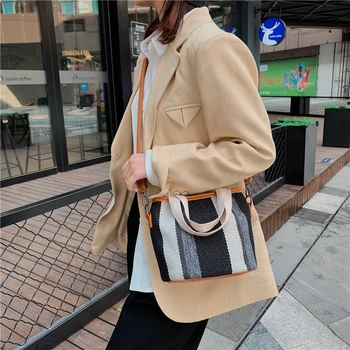 

2020 new fashion high sense Bag Fashion versatile linen women's bag color contrast Single Shoulder Messenger Bag Bucket Bag