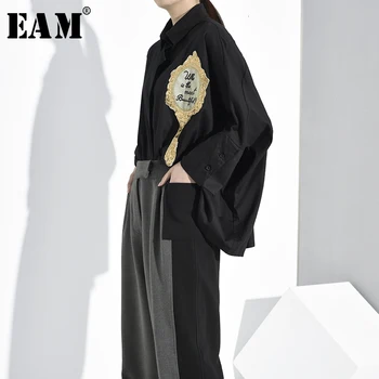 

[EAM] Women Pattern Split Joint Big Size Blouse New Lapel Long Sleeve Loose Fit Shirt Fashion Tide Spring Autumn 2020 T3840