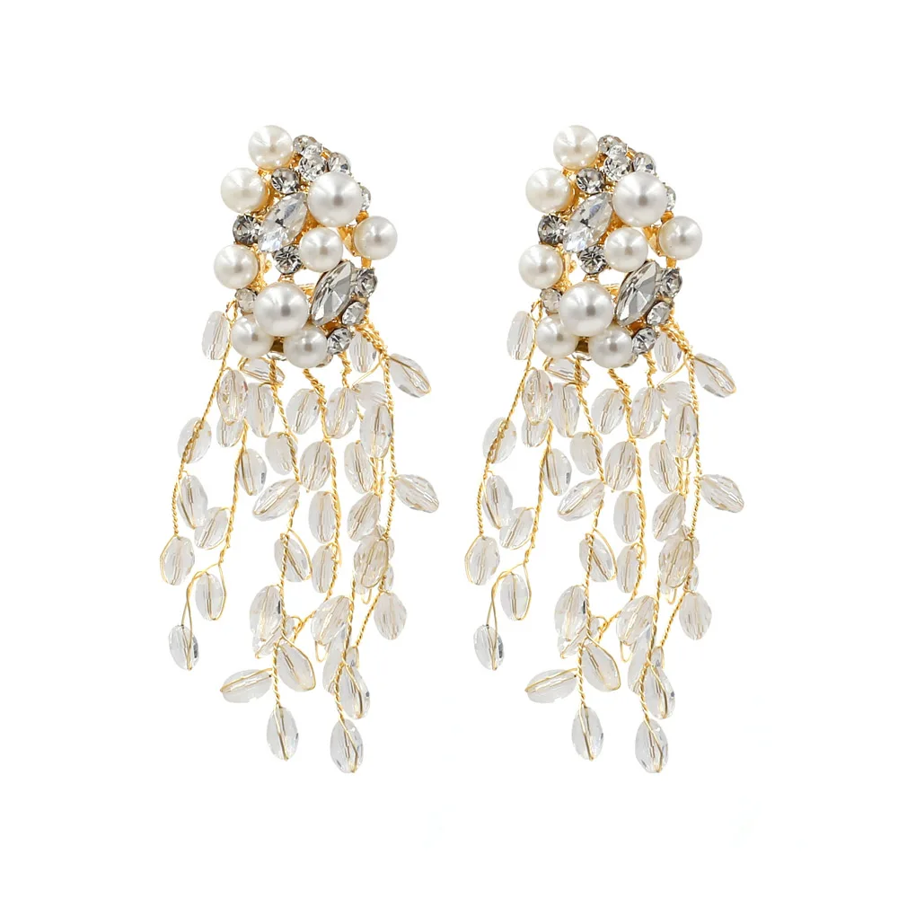 Vodeshanliwen ZA New Crystal Tassel Earrings For Women Fashion Imitation pearl Statement Big Earrings New Accessories - Окраска металла: 1