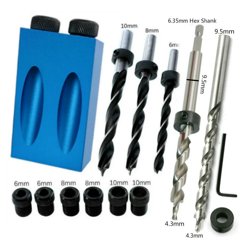 Woodworking Oblique Hole Locator Drill Bits Pocket Hole Jig Kit 15