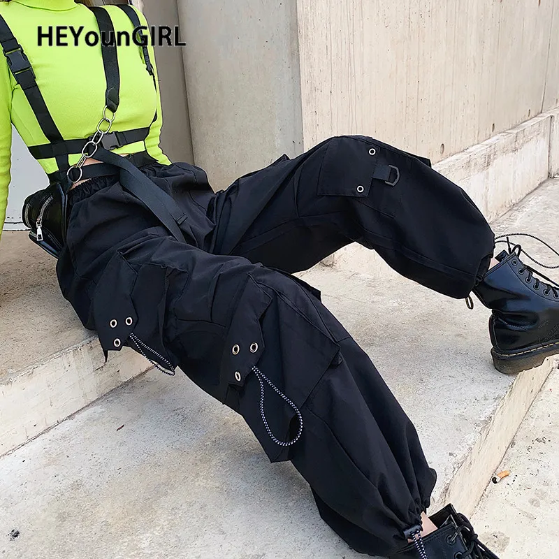HEYounGIRL Harajuku Hip Hop Loose Pants Capris Casual Black High Waist Cargo Pants Women Pockets Fashion Trousers Streetwear HEYounGIRL Harajuku Hip Hop Loose Pants Capris Casual Black High Waist Cargo Pants Women Pockets Fashion Trousers Streetwear