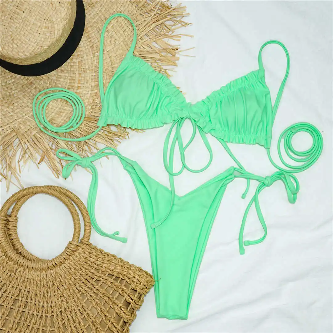 3 Colors Sexy Ruffled Frilled Bikini Women Swimwear Female Swimsuit Two-pieces Bikini set Lace Up Bather Bathing Suit Swim V2420
