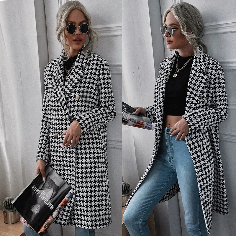 

Women's Wool Blends Houndstooth Double-breasted Long Woolen Jacket 2021 Autumn Winter Fashion Elegant Trench Coat Office Lady