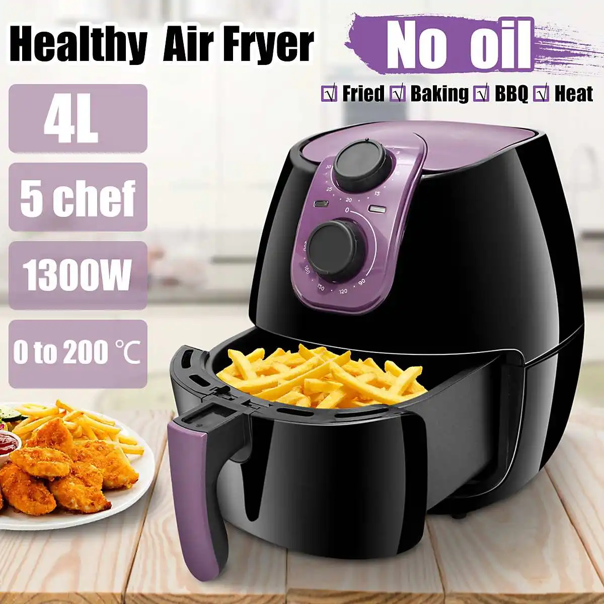 

1300W 4L Household Air Fryer Oil-free Electric Deep Fryers French Fries Smokeless Kitchen Cooker Timer Temperature Kitchen Tools