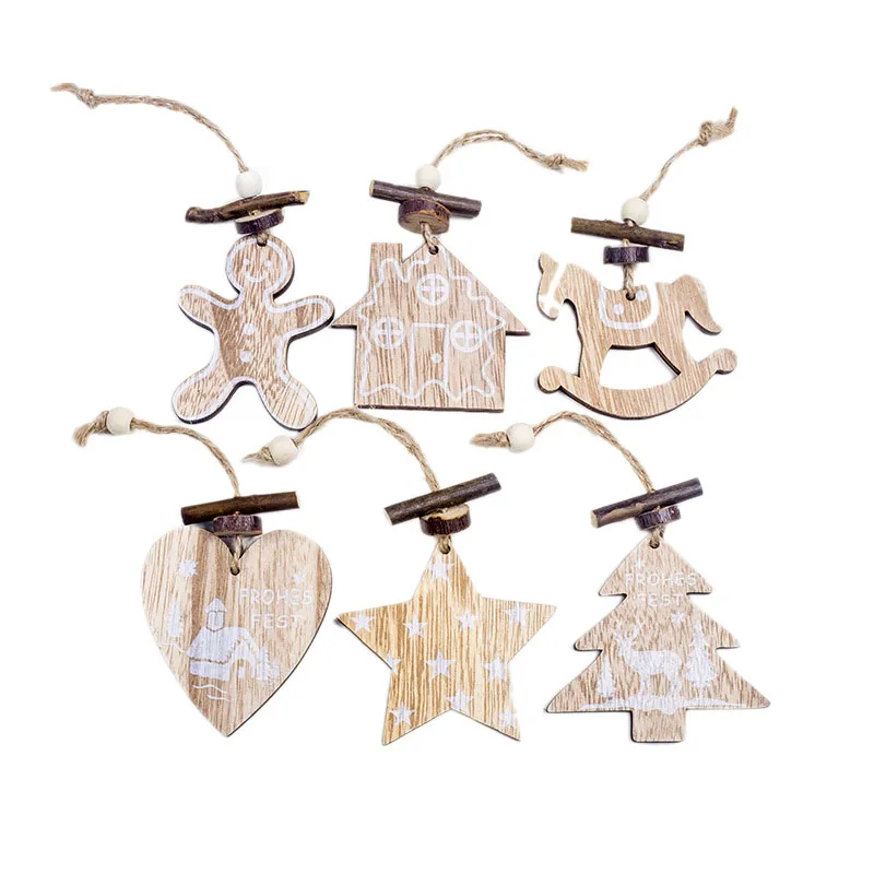 

1 Set 6Pcs Christmas Tree Decorations Ornaments Hemp Rope Wooden Printing Ornaments Merry Christmas Pendants Ornaments Creative