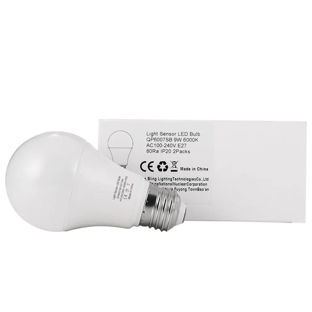 

9W E27 Intelligent Light Sensor LED Bulb 6000K with Auto Switch Sensor Lamp Built-in Photosensor Detection for Indoor Outdoor