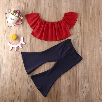 

Pudcoco Toddler Baby Girl Clothes Solid Color Off Shoudler Crop Tops Bell-Bottoms Long Pants 2Pcs Outfits Cotton Clothes