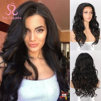 

SUe EXQUISITE Lace Front Wigs for Women Black Long Wavy Free Points Synthetic Women's Wigs Natural Hairline Full wigs
