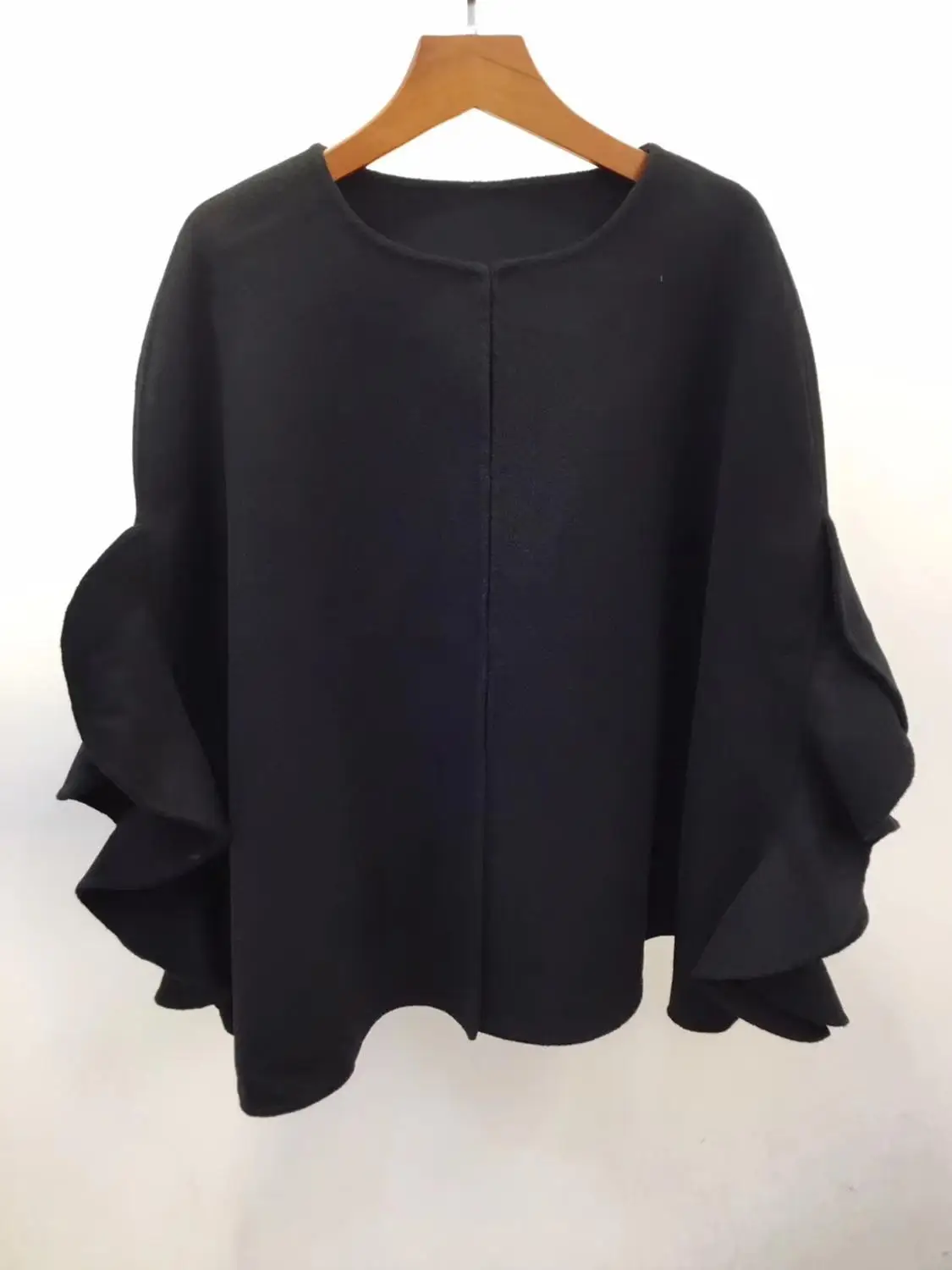 Black Short Итальянский V дизайнерский шерстяной кашемировый плащ с оборками Высокое Качество Италия Подиум - Цвет: Black Short
