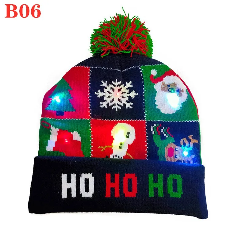 Wholesale New Children LED Christmas Hat With Lights Winter Warm Cartoon Knitted Pompom Beanie Cap For Kids Christmas Decoration