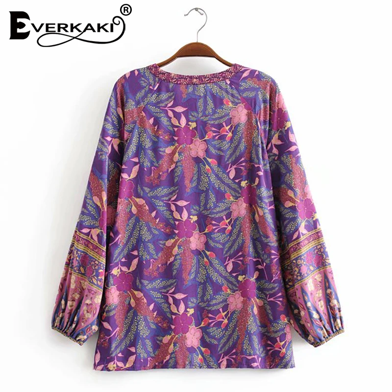 Everkaki, блузка, топы, женские рубашки, Boho, цветочный принт, осенняя, свободная, Круглый ворот, Ретро стиль, для девушек, шикарные блузки, Топ для женщин,, новая мода