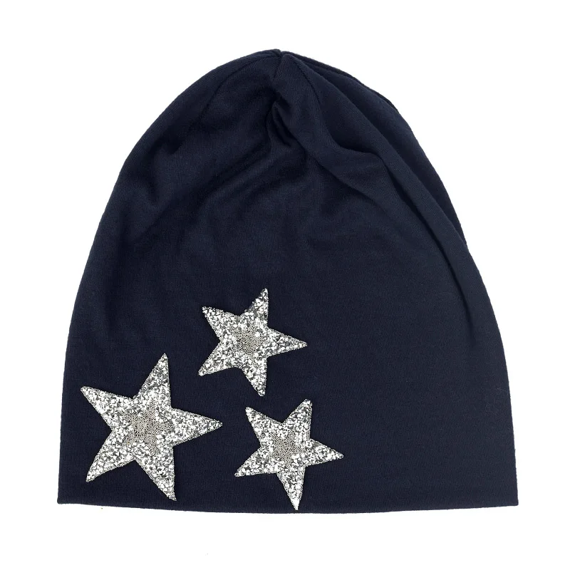 Silver Navy Charmwood для женщин зимние громоздкие Skullies шапочки со звездами Стразы хлопковые шапки для дам женские модные мешковатые однотонные кепки - Цвет: Silver Navy