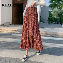 REALEFT весна женские винтажные длинные плиссированные юбки Ретро Цветочный Принт Высокая талия богемный шифон Красный цвет юбки для женщин