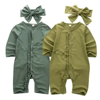 

0-12 Months Newborn Baby Rompers Long Sleeve Solid Green Jumpsuits For Girls Clothes Autumn Boys Jumpsuit Hairbands Girls Outfit