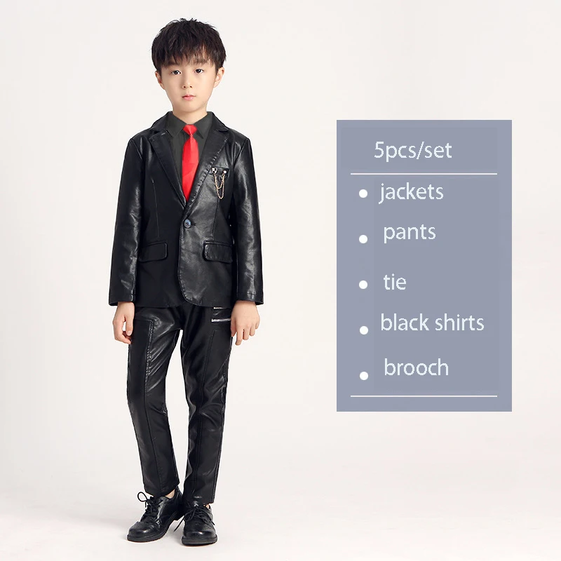 black shirt 4pcs Осенне-зимний детский костюм из искусственной кожи, красивый кожаный костюм для мальчиков, штаны, рубашка, комплекты одежды детский праздничный костюм - Цвет: black shirt 4pcs