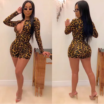 

Jumpsuits for Women 2019 Sexy Bodysuit Streetwear Woman Playsuits Long Sleeve Sexy V-neck Leopard Overalls