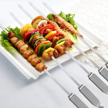 

Stainless Steel Grilling Skewers with Quick Release Metal Sliding Handle Reusable BBQ Sticks for Meat and Veggies