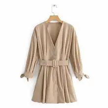 Za styles Новое Женское осеннее платье с поясом Сексуальное Женское желтое платье с v-образным вырезом и поясом модное женское прямое тонкое платье