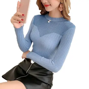 

Korean Style New Mesh Stitching Solid Color Sweater Fashion Chic Turtleneck Long Sleeve Women Knit Pullover