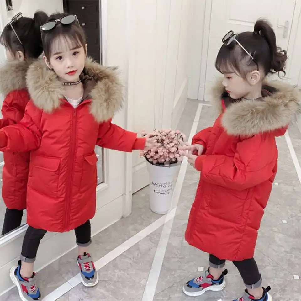  Children Autumn Winter Jackets Toddler Kids Girl Down Coat Baby Girls Long Style Fur Collar Hooded 