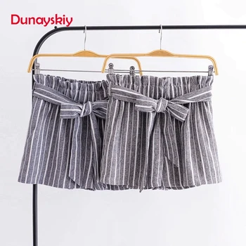

Dunayskiy Women Summer Gray Blue Striped High Elastic Waist Shorts Casual Straight Shorts Bow Sashes Female Clothing Fashionable