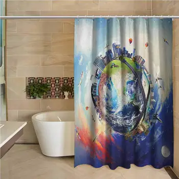 

World Professional Shower Curtain Global View of Business World Artistic Display Buildings Air Balloons Planes Highway