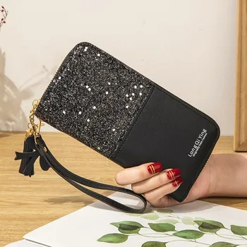 

New Wallet Long Section Women Zipper Wallet Female Student Korean Stitching Contrast Color Tassel Wild Card Bag Mobile Phone Bag