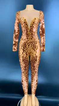 

Sparkly Crystals Golden Jumpsuit Stretch Mirror Outfit Celebrate Bright Rhinestones Bodysuit Costume Women Singer Birthday Dress