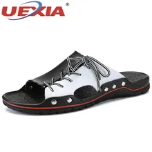 UEXIA, новые кожаные мужские Тапочки Удобная пляжная обувь мужская летняя дышащая обувь на плоской подошве, коллекция года, мужские шлепанцы роскошного размера плюс 38-48