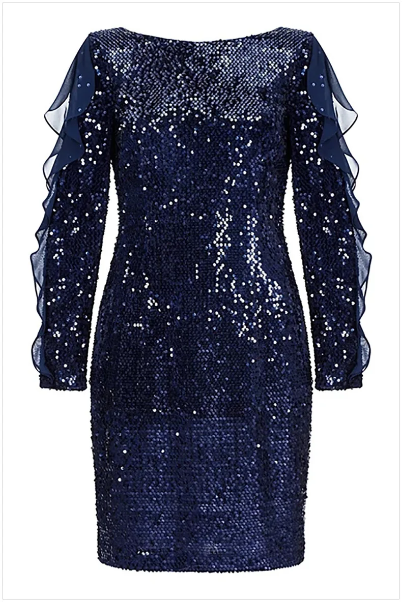 BGW мини синее коктейльное платье с овальным вырезом и длинными рукавами, расшитое блестками, с v-образным вырезом и молнией сзади, Дешевое женское платье