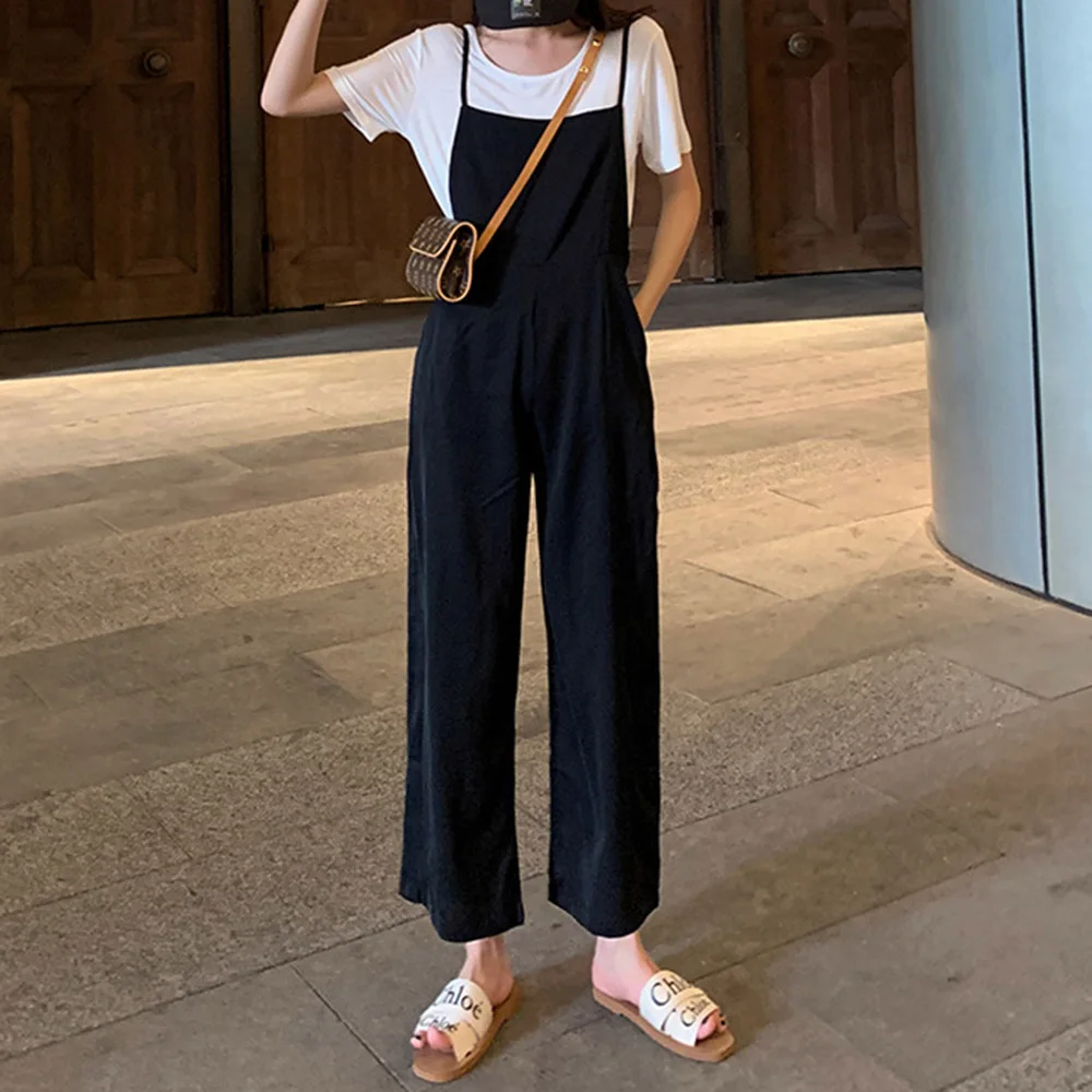 

Black Casual Long Jumpsuit Korea Simple Design Suspender 2020 Japan Loose Pants Summer Wide Leg Jumpsuits Romper For Women Chic