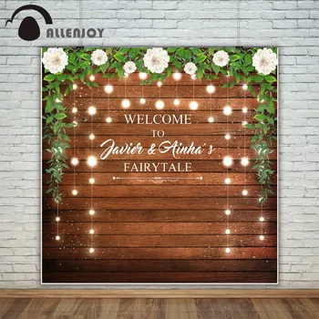 

Allenjoy Wooden Floor Wedding Banners Welcome to Fairytale Glitter Bulbs Floral Vine Party Backdrops Romantic Event Background