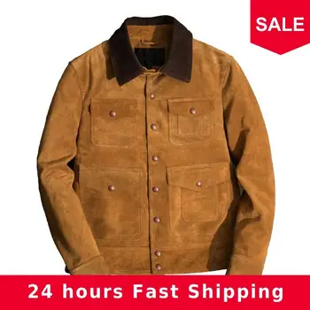 

2020 Light Brown Men Smart Casual Leather Jacket Single Breasted Plus Size XXXXL Genuine Cowhide Autumn Slim Fit Leather Coat