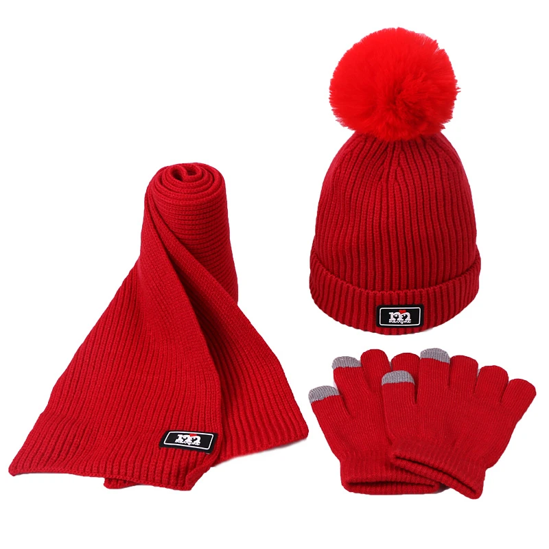 Conjunto de tres piezas de gorro, bufanda, guantes, pompón de imitación, gorros de punto para niños, de ganchillo lana cálida para invierno|Sets de sombreros, bufandas y guantes niña| -