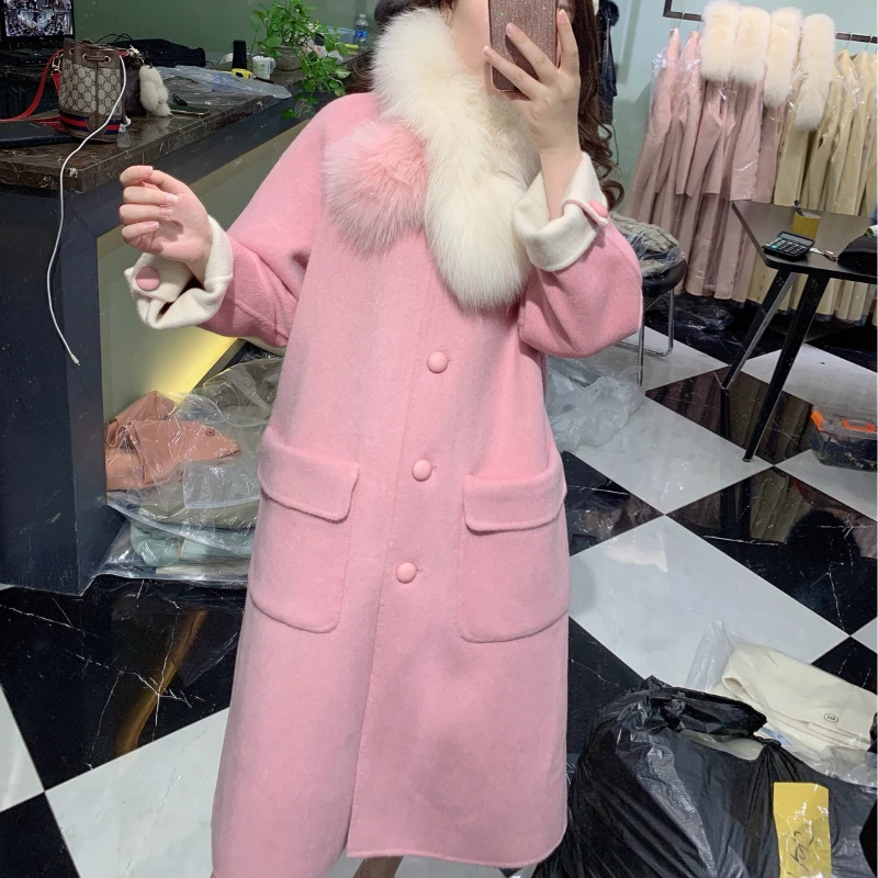 OFTBUY 2021 Real Fur Coat Winter Jacket Women Natural Fox Collar Cashmere Wool Blends x-Long Outerwear Streetwear Korea | Женская одежда
