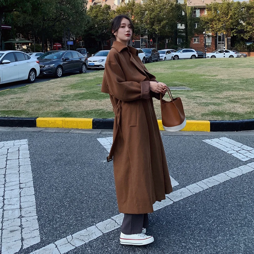 

Photo Shoot over-the-Knee Long Woolen Jacket 2019 Winter New Style WOMEN'S Dress Retro British Style Waist Hugging Lace-up Duffl