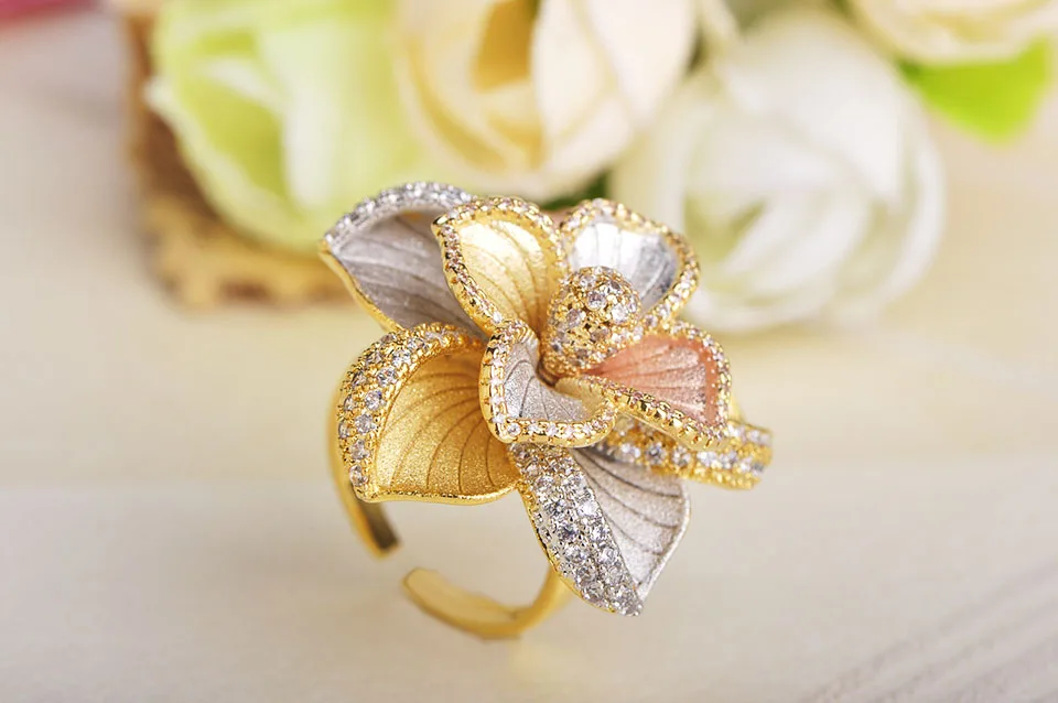 Blucome 3 Tones Cubic Zircon Flower Bangle Ring Sets Luxury Copper Wedding Bridal Jewelry Set For Women Adjustable Ring Gifts