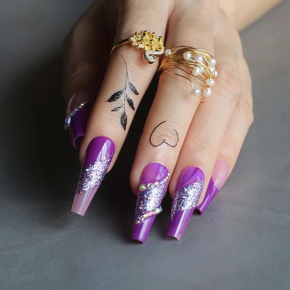 Luxury Coffin Glitter Purple Clear Fake Nails With Crystals Gel Pink Long  False Nails French Lengthen - False Nails - AliExpress