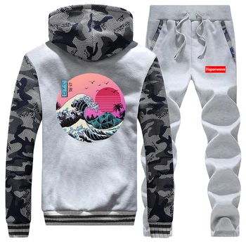 

Japanese Style Fashion Male Set Vintage Vaporwave Men Camo Hoodies 2019 Winter Thick Jacket Harajuku Men's Sets Fleece Gym Suit