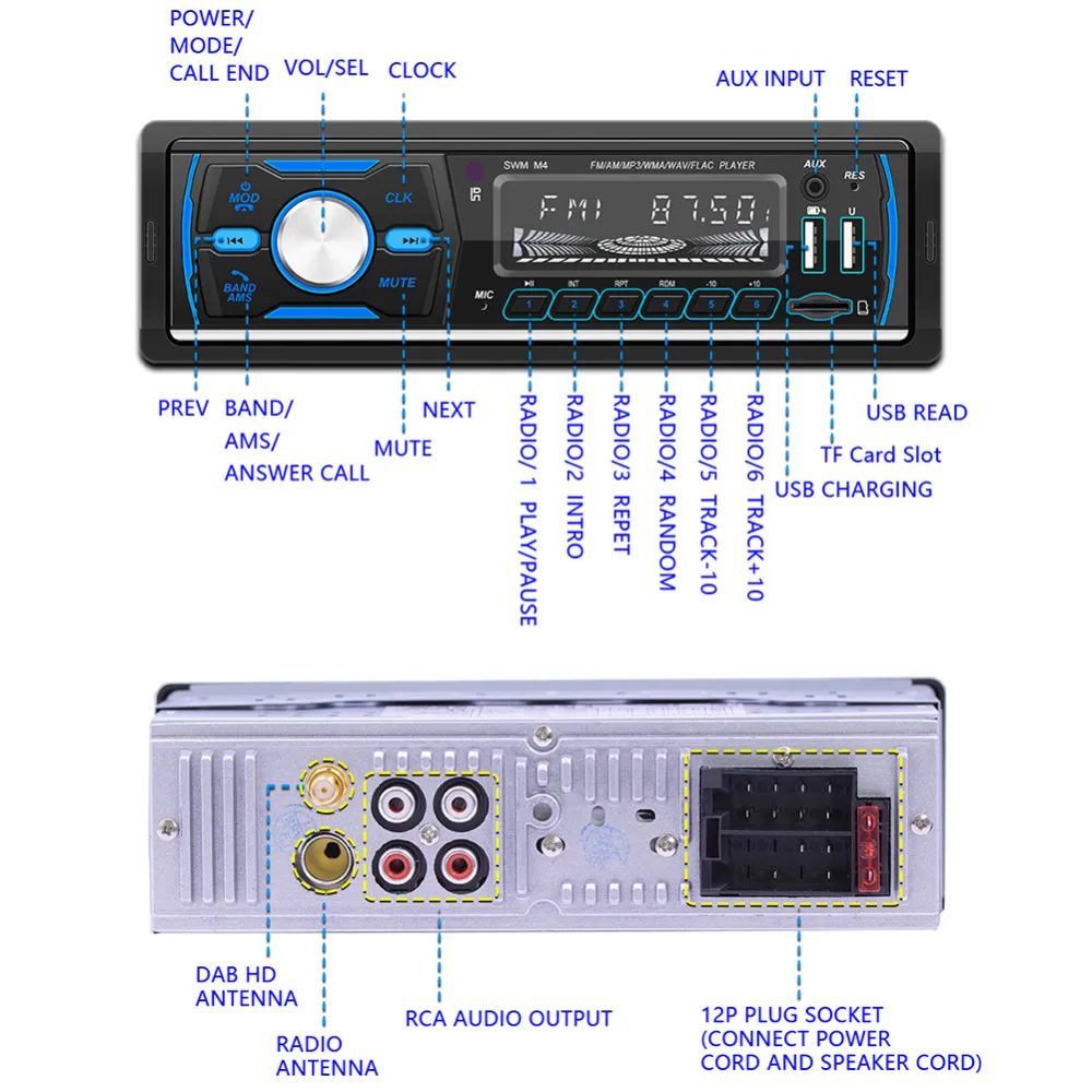 M4 Bluetooth Autoradio 1 DIN Car Stereo MP3 Player USB AUX FM AM RDS DAB DAB+ Radio Receiver TF Card U Disk In Dash Head Unit