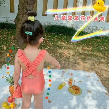 

2020 Back Cross Solid Color Small CHILDREN'S Lace Collar CHILDREN'S Swimsuit Backless Siamese Swimsuit Coat