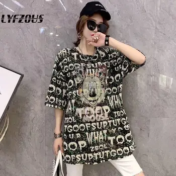 

New Rhinestone T Shirt Cartoon Diamond Tshirt Women Summer Street Loose Long Tees Plus Size Fashions Short Sleeve Letter T Shirt