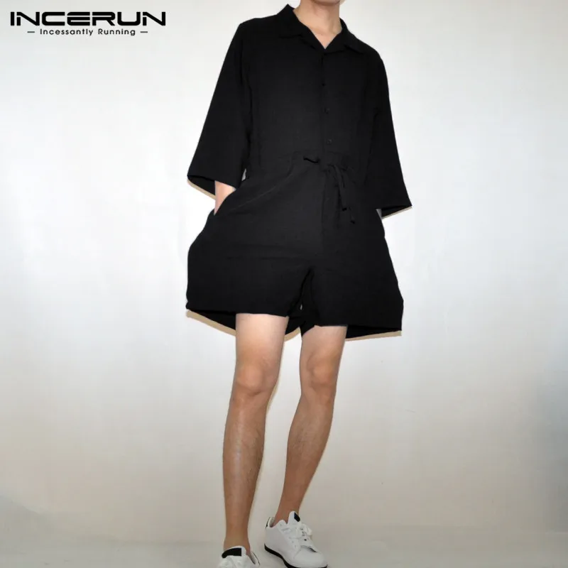 INCERUN, пляжный костюм для отдыха, мужской однотонный комбинезон с рукавом 3/4, Модный повседневный тренд, Джокер, мужской комбинезон с отворотом, мешковатый комбинезон