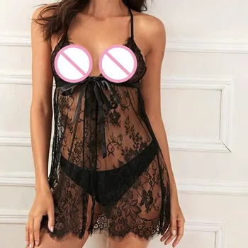 

Lingerie Sexy Women Plus Size V-Neck Backless Halter Nightdress Lingerie Set Underwear Adjusted-straps Solid Lace Underwear A40