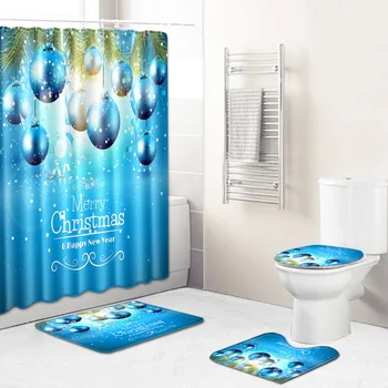 

Print Christmas Balls Bathroom Rugs and Mat Set 3D Shower Curtain with Hooks Anti Slip Carpet Bedroom Doormat Toillete Rugs